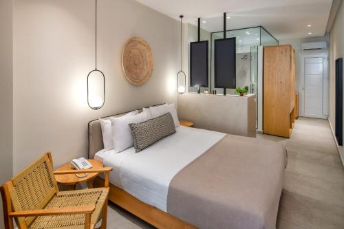 费拉卡里阿度假套房酒店 - 仅限成人入住的一间卧室配有一张床、一把椅子和一张桌子