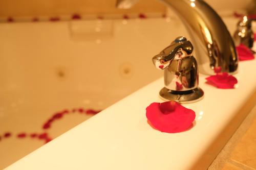 埃德蒙顿罗斯林套房旅馆的浴室水槽和小雕像,位于水龙头中