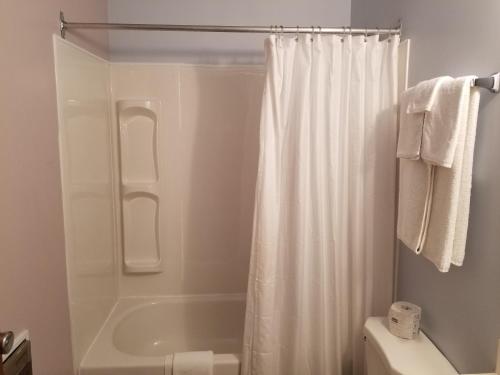 Moosomin穆索明乡绅宾馆的一间带白色淋浴帘的浴室