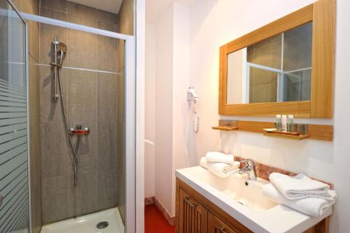 宗扎Appartement du Tourisme的带淋浴、盥洗盆和镜子的浴室