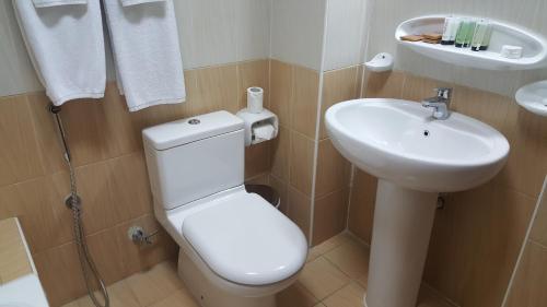 多哈Al Muntazah Plaza Hotel的浴室配有白色卫生间和盥洗盆。