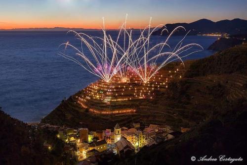 马纳罗拉Posidonia Cinque Terre Guesthouse的水边山丘上的烟花展示