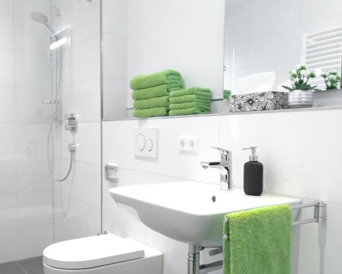 鲁斯特Boland Apartments的浴室配有水槽、卫生间和绿毛巾。