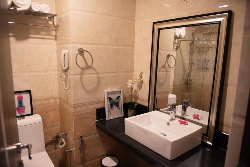 瓦加杜古Sonia Hotel的一间带水槽、镜子和卫生间的浴室