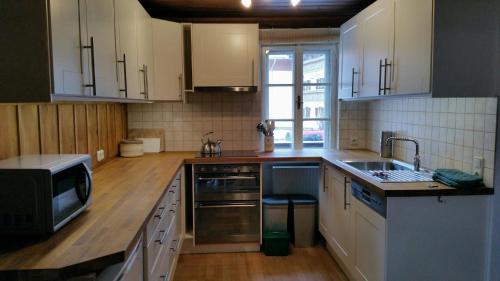 维尔德科格尔山麓布兰贝格Villa Zeppelin - App Aquamarin的厨房配有白色橱柜、水槽和微波炉