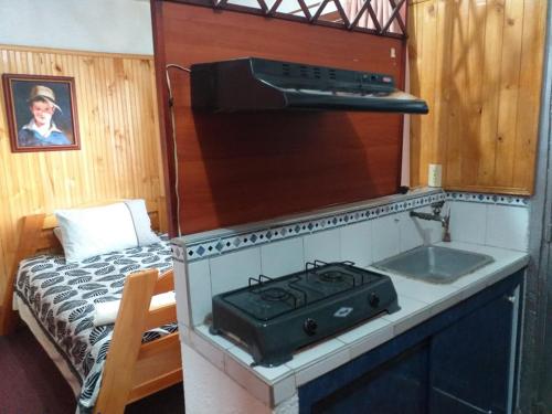 波哥大卡萨波萨达阿梅利亚酒店的厨房配有炉灶,床边设有水槽。