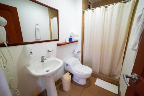 圣玛尔塔Sanha Plus Hotel的一间带水槽、卫生间和淋浴的浴室