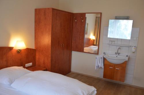 汉堡Hotel Wikinger Hof的一间卧室配有床、水槽和镜子