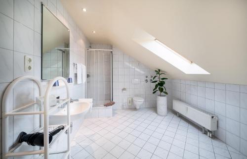 赖恩海姆苏尼贝尔旅馆的白色的浴室设有水槽和镜子