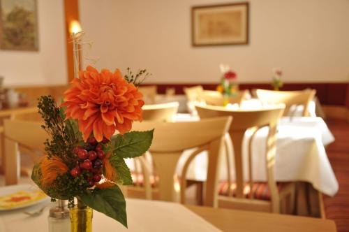 哈尔堡Hotel Gasthof zum Goldenen Lamm的花瓶,桌子上放着橙花