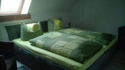 魏玛Ferienwohnung Marion Franke的卧室内的一张大床,设有窗户
