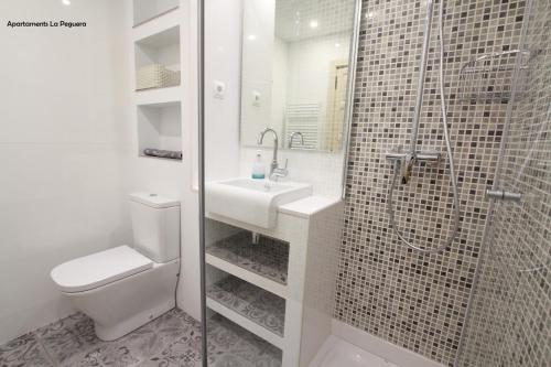 博西帕格拉公寓的带淋浴、卫生间和盥洗盆的浴室