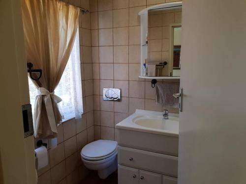 逊邱伦Accommodation@Bourne的一间带卫生间、水槽和镜子的浴室