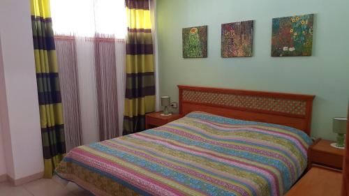 圣地亚哥港Playa de la Arena Apartment的一间卧室配有一张带彩色毯子的床