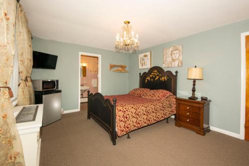 赫尔希西蒙斯套房汽车旅馆的一间卧室配有一张床和一个吊灯