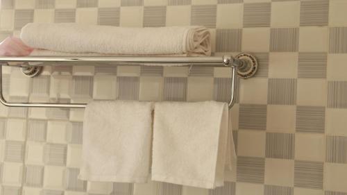 卡巴莱Riverside Resort Hotel Kabale的浴室毛巾架上的两条毛巾