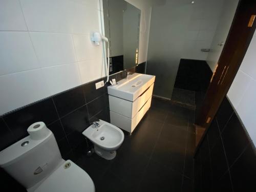 诺沃莫斯科维斯卡База відпочинку "РіверСайд"的一间带卫生间、水槽和镜子的浴室