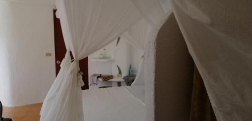 布桑加AL FARO Cosmio Hotel Palawan的一间卧室配有白色窗帘的床