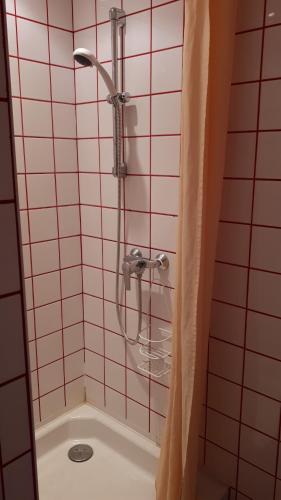 特雷沃 - 特雷吉涅克Les Hortensias GR 34 - Chambres d'Hôtes的浴室设有粉红色瓷砖和淋浴。