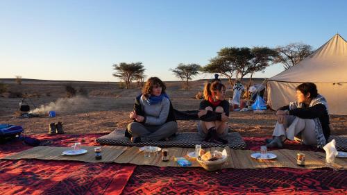 姆哈米德jardin du desert的三个女人坐在帐篷前的毯子上