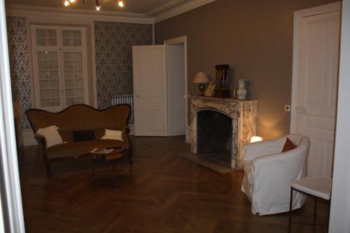 莱伊河畔圣米歇尔Domaine de Planchoury的带沙发和壁炉的客厅
