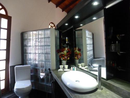本托塔Ayubowan Swiss Lanka Bungalow Resort的浴室配有卫生间、盥洗盆和浴缸。