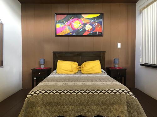 UjarrásPosada Cañaveral的一间卧室配有一张带黄色枕头的床,墙上挂着一幅画作