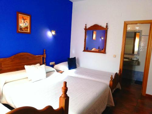 坎波德克里普塔纳Hostal Restaurante Ego's的一间蓝色卧室,配有两张床和镜子
