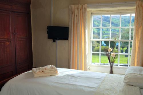 登特The Sun Inn的卧室配有白色的床和窗户。