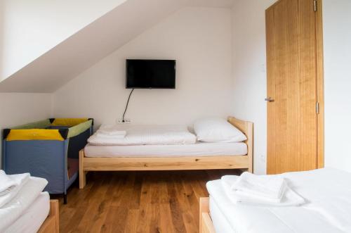 DlouhéHájenka Zátoky的客房设有两张床和一台墙上的电视。