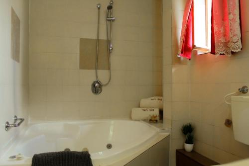 贝特莱切姆哈格利利特Neve Hagar的带窗户的浴室内的白色浴缸
