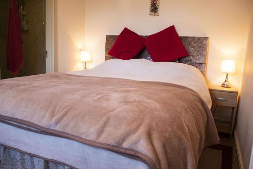 GillamoorManor Farm Bed & Breakfast的一间卧室配有一张带红色枕头的大床