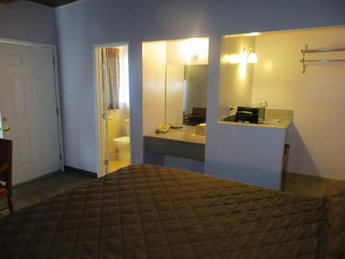 洛杉矶谢内加公园汽车旅馆的一间卧室配有床和水槽,还有一间浴室