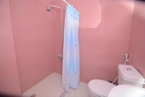 瓦迪穆萨Petra Lion Hotel的粉红色的浴室设有淋浴和卫生间