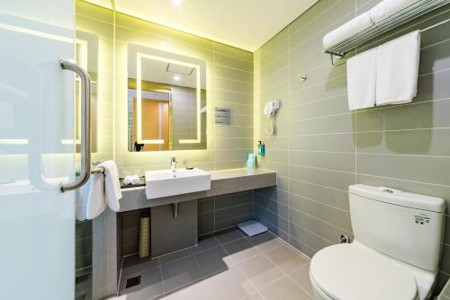 石家庄石家庄和平智选假日酒店的一间带卫生间、水槽和镜子的浴室
