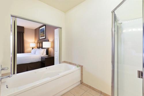 肖洛肖洛智选假日酒店的带浴缸的浴室和1间带1张床的卧室