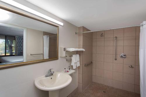 塔拉哈西I-10温德姆塔拉哈西会议中心套房戴斯酒店的浴室配有盥洗盆和带镜子的淋浴