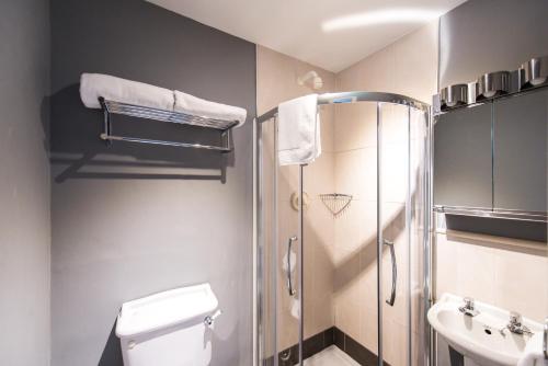班布里奇Belmont House Hotel的带淋浴、卫生间和盥洗盆的浴室