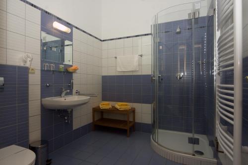 Krutěnice克鲁滕尼斯酒店及马术中心的蓝色瓷砖浴室配有淋浴和盥洗盆