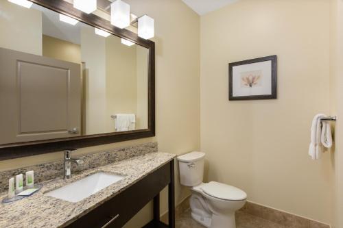 苏福尔斯AmericInn by Wyndham Sioux Falls North的一间带卫生间、水槽和镜子的浴室