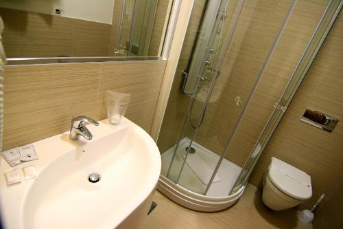 萨拉热窝水晶酒店的一间带水槽、淋浴和卫生间的浴室