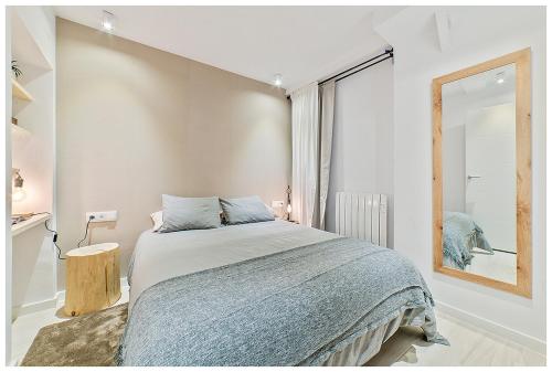 马德里Apartamentos Madrid Rio的一间卧室设有一张床和一个大窗户