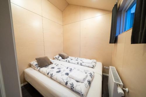 Eyvindarhólar迎宾度假屋的小房间设有两张床和窗户