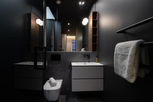 伦敦Mirabilis Apartments - Bayham Place的一间带水槽、卫生间和镜子的浴室