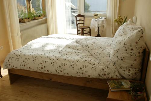 曼德沙伊德Landhotel Pension Haus Sonneck的卧室配有一张带白色棉被的床和窗户。