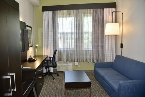 温莎温莎索诺玛葡萄酒乡智选假日酒店的酒店客房设有蓝色的沙发、书桌和电脑。