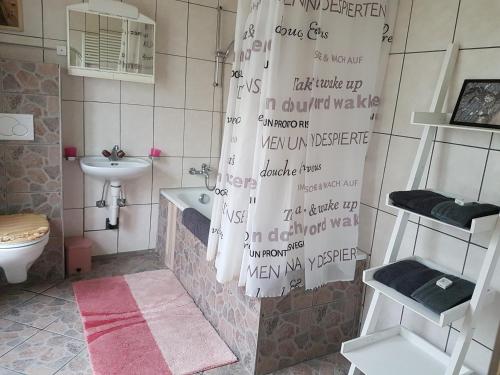 Vendlincourt旺德林库尔车站酒店的浴室配有淋浴帘和盥洗盆。