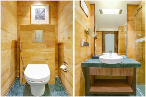 浦那Lemon Tree Hotel Viman Nagar Pune的浴室的两张照片,配有卫生间和水槽