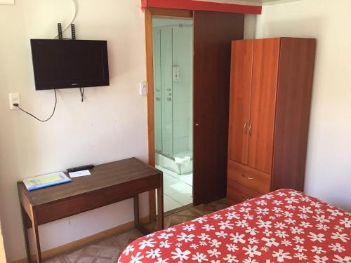 维纳德马奥芬巴彻霍夫生态旅馆的一间卧室配有一张床、一张桌子和一台电视