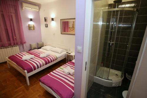 萨格勒布Apartments Rooms FONTANE TRNJE的小房间设有两张床和淋浴